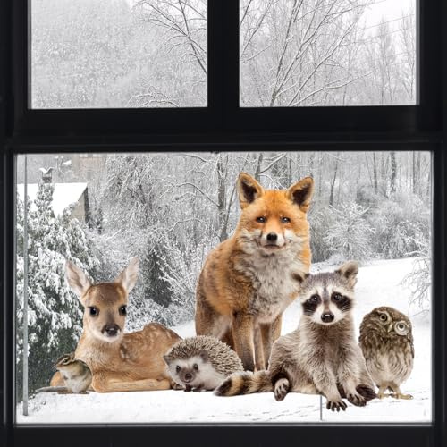 WandSticker4U®- Fensterbilder selbstklebend WINTER TIERE (58x45 cm) I Fenstersticker Kinder Weihnachten Tiere Fuchs Reh Waschbär I Fensterbilder Winter Deko Fenster Weihnachtsdeko wiederverwendbar