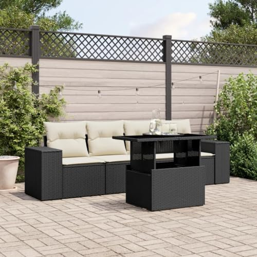 Teenpull 5-TLG. Garten-Sofagarnitur, Schwarz Poly Rattan, Couch Lounge Set mit verstellbarem Tisch, UV-beständig für Terrasse, Balkon, Außenbereich
