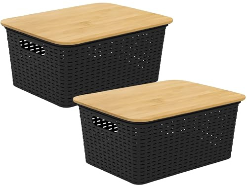 HRB Aufbewahrungsbox mit Bambusdeckel, Box in Rattanoptik mit den Abmaßen 38,5 x 28 x 18,5 cm, KIste mit 15 Liter Volumen (Schwarz, 2, stück)