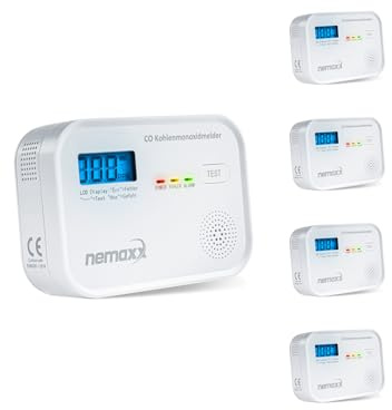 NEMAXX® CM18 Kohlenmonoxid-Melder/CO-Warnmelder mit LCD-Display – 85 dB, elektrochemischer Sensor, EN 50291-1:2018, Testtaste, 3X AA LR6-Batterien, 10 Jahre Produktlebensdauer – 5er Set