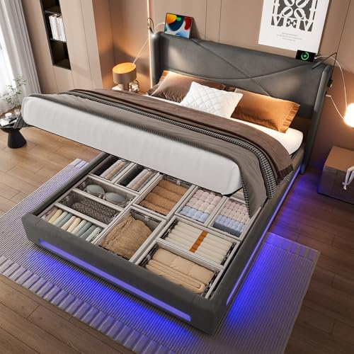 Ball & Cast King Size Bed Frame with Storage Headboard, 5ft Upholstered Bed Frame Kingsize with Charging Station and LED Lights/Under Bed Storage/No Box Spring Needed, Dark Gray