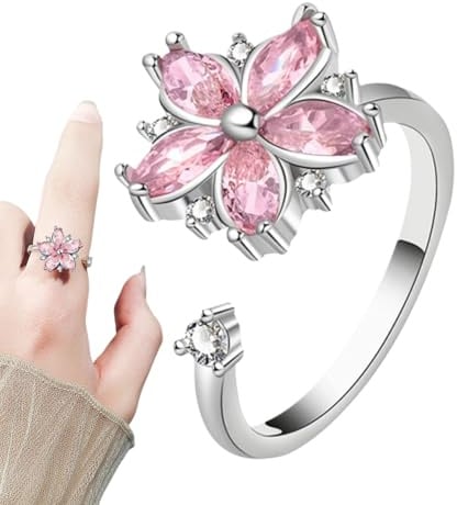 Ring Damen - Drehring Für Damen, Kirschblüte Design Mit Rosa Zirkonia | Verstellbarer Anti Stress Ring, Beruhigungsspielzeug Für Meditation, Konzentration, Büro & ADHS Fidgêt Spînner Blumen Dêkor | D