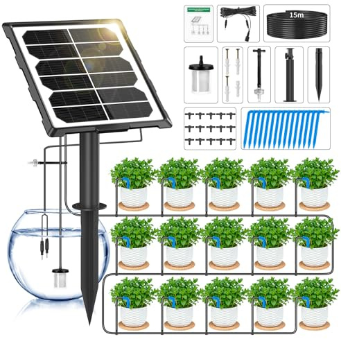 Forever Speed Sistema de Riego Automático Solar 6 Modos con sensor de Agua, Kit de Sistema de Riego por Goteo Automátic con Manguera de 15 M para Jardín, Balcón