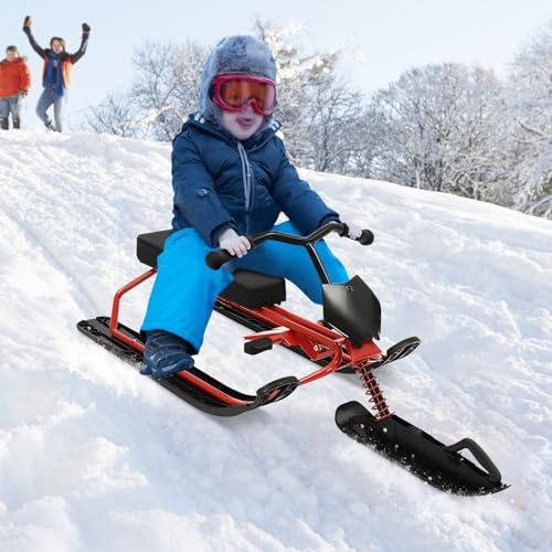 DSYOGX - Schneeschlitten, Lenkbob Lenkschlitten für Kinder ab 3 Jahre bis 90 kg, Snow Sled Schlitten Ski Bob Kinderschlitten Schlitten Lenkbar mit rutschfeste Griff und die Fußbetätigten Bremsen