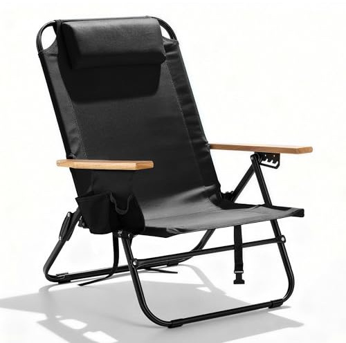 Canpsky Premium Portable Camping Chair 5-Position Recliner Beach Folding Lightweight Outdoor Chair with Wooden Armrests, Headrest, Multi-Pockets Heavy Duty 350lbs, for Patio, Backyard, Black