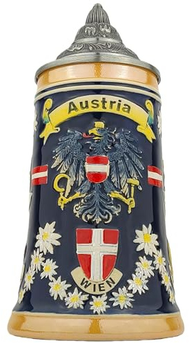 Bierkrug mit Deckel 0,7L mit Österreich-Motiv – Steinkrug mit Bundesländer-Wappen und Edelweiß-Dekor – Souvenir & Geschenkidee