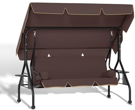 VA-Cerulean 3-Sitzer Hollywoodschaukel mit Liegefunktion, verstellbarem Sonnendach, Seitentablett und Rundkissen, bis 350 kg, Gartenliege Wetterfest für Garten, Terrasse, 185x113x163cm, Dunkelbraun