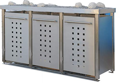 Mülltonnenbox aus Edelstahl mit Edelstahlpfosten, aufgebaut (3X 120l, T-Design, Pflanzenwanne, Edelstahl)