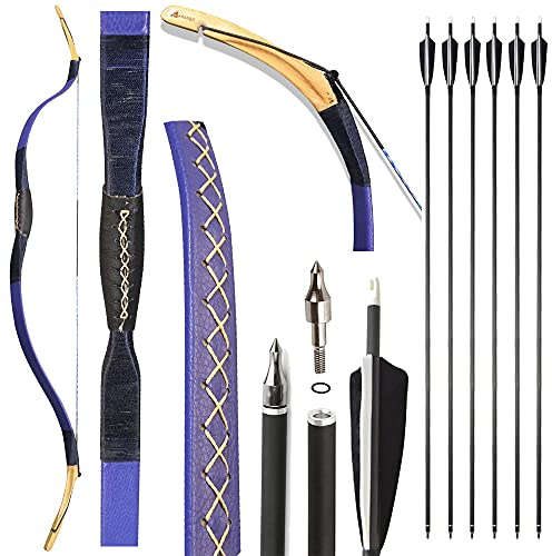 SHARROW Traditioneller Bogen Set 20-45lbs Recurve Bogen Set Reiterbogen Langbogen Bogenschießen Set Handgemacht Holzbogen Sportbogen Jagdbogen für Erwachsene und Anfänger (Typ 2, 25Lbs)