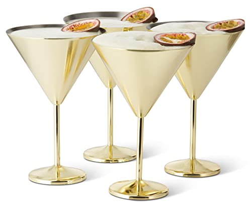 Oak & Steel - 4 Large Stainless Steel Martini Cocktail Glasses (XL 460 ml) - Gold Matte - Robust & Unbreakable - Gift Set for Birthdays and Christmas