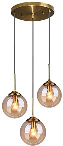 S-Cevada Industrial Vintage 3 Way Pendant Lights Cluster in Brass Metal Finish, Complex 3-in-1 Glass Ball Ceiling Hanging Lamp, Kitchen Island Loft Bar Chandelier (Spiral, Amber)