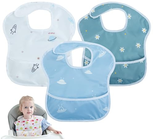 Little Dimsum 3 pack Baby Bibs Waterproof Bib Easy to Clean Feeding Bibs Weaning Bibs Adjustable Closed for Babies Toddlers with Large Pocket(6-36Months)