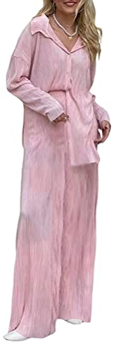 ORANDESIGNE Damen 2Pcs Trainingsanzug Langarm Button-Down-Hemd Elastische Taille Plissee Hose mit weitem Bein Set Streetwear Outfits A Rosa M