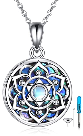 YAFEINI Mondstein Lotus Urne Halsketten für Asche 925 Sterling Silber Abalone Shell Lotus Kremationsschmuck für Asche Erinnerung Schmuck für Frauen Männer
