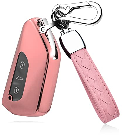 HIBEYO Smartkey Autoschlüssel Hülle passt für VW Golf 8 Schlüsselschutz Schlüsselhülle Silikon Cover für VW Golf 8 Skoda Seat Leon MK4 Schlüssel Gehäuse mit Schlüsselanhänger 3-Tasten-Rosa