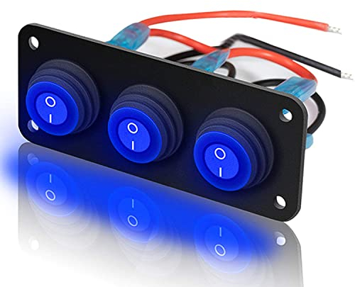 Gebildet 3 gang Panel de Interruptor Basculante,15A 12V-24V CC SPST 3 pines 3 posiciones de Encendido/Apagado Redondo Azul LED Interruptor Basculante para Luces Automáticas, Coche, Barco Marino, Yate