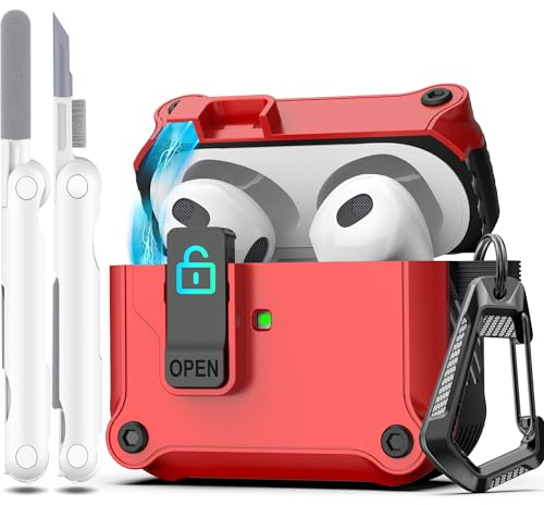 R-fun Compatible con AirPods 3ª Generación 2021 Funda de Carga, Protección Total contra caídas Auto Pop-Up Tapa Compatible con Apple Airpods 3 Gen Funda con Kit de Limpieza y Llavero,Rojo