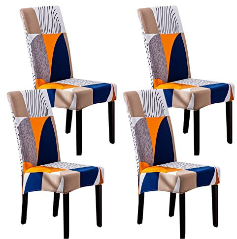 HZDHCLH Stuhlhussen-Set, 4/6 Stück, dehnbar, modern, für Esszimmer, Küche, Hochzeit, Party, waschbar, Stuhlschoner (4 Stück, bunte Geometrie)