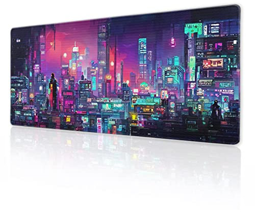 aportt Retro Japanese Anime Gaming Mouse Pad XL Cool Dark Purple Red Vaporwave City Extended Large Desk Mat Big Mousepad Non-Slip Rubber Base Stitched Edge Long for Desktop Computer,31.5×11.8 in