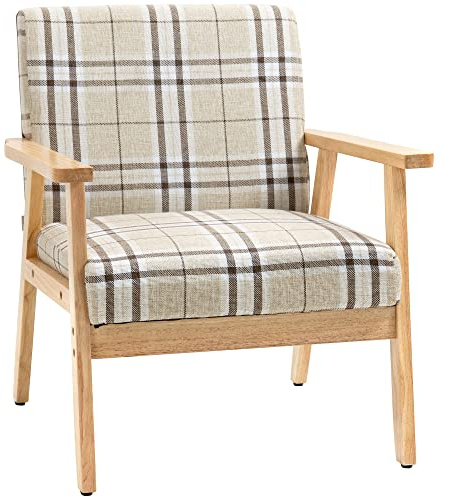 HOMCOM Modern One Seater Sofa for Living Room, Linen Fabric Small Couch with Rubber Wood Frame, Armrests, Lattice Pattern, Upholstered Armchair, Beige