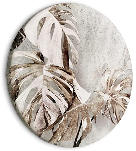 murando - runde Bilder tropische Blätter 60x60 cm Leinwandbild 1 tlg Kunstdruck modern Wandbilder XXL Wanddekoration Design Wand Bild Monstera Natur Botanik gold grau b-C-10281-bc-a