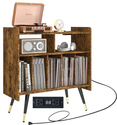 Soporte Grande para Tocadiscos, gabinete de Almacenamiento de Discos de Vinilo con Toma de Corriente, Mesa de Tocadiscos con Capacidad para hasta 350 álbumes, Mesa Auxiliar de Mediados de Siglo para