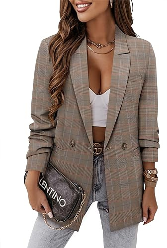 CRAZY GRID Women Business Casual Blazer Jacket Fashion Plus Size Blazer Ladies Buttons Work Professional Formal Office Suit Jacket Oversize 3XL Brown Plaid