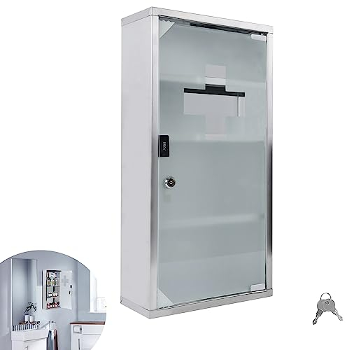 YRHome Medizinschrank aus Edelstahl 4 Fächer mit Glas Tür und Schloss abschließbar Arzneischrank Medikamentenschrank Erste Hilfe Schrank Hausapotheke Schrank 57,5 x 30 x 12 cm