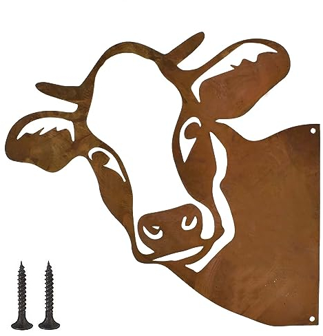 Naapesi Rost Gartendeko, 30 x 28 cm Gartenstecker Rost, Metall Deko Gartenstatuen Baumstecker Rost Gartenfigur, Rostdekoration für Outdoor, Edelrost Tierischer Rost Deko Farm Deko mit Schrauben (Kuh)