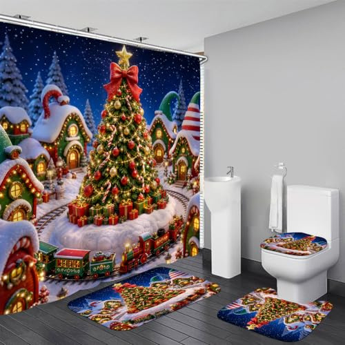 jieprom 4-teiliges buntes Weihnachts-Duschvorhang-Set mit Teppichen, WC-Deckelbezug und Badematte, Weihnachts-Duschvorhang mit 12 Haken