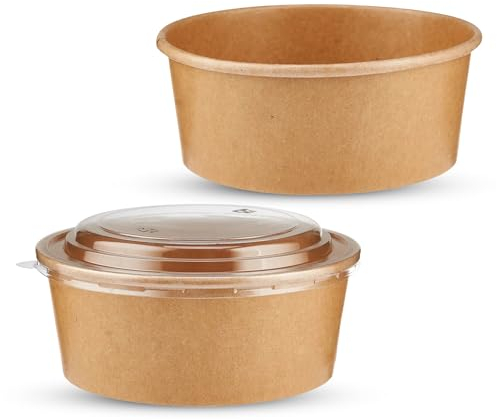 CHEF ROYALE 10x 750ml Kraft Salad Paper Bowls with Lids - Takeaway Containers for Hot/Cold Food - Leakproof Soup Containers - Carboard Packaging Bowls