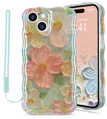 Micoden for iPhone 13 Case Oil Retro Floral Print Curly Wave Silicone Case Aesthetic Fashion Flower Girls Women Phone Case with Strap for iPhone 13 Mint Green