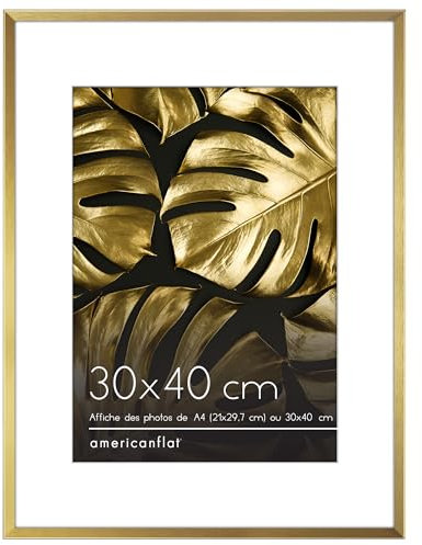 Americanflat Cadre Photo Aluminium 30x40 cm Doré - Cadre A4 avec Passe-Partout ou 30x40 cm sans Passe-Partout - Verre Antichoc, Chevalet & Matériel de Suspension Intégré pour Mur et Surface Plane