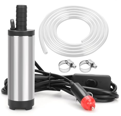 Pompa Olio DC 12V 38mm Pompa Acqua Pompa Sommersa Elettrica Pompa Travaso Gasolio Diesel Carburante con Tubo 5M, Pompa Aspira Acqua e Olio per Auto, Veicolo a Motore, Barca (Accendisigari)