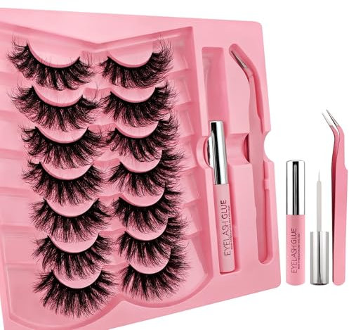 Lot de 7 paires de faux cils 3D moelleux avec colle et tweezer, volume moelleux, aspect naturel, réutilisable, faux cils de maquillage (XE05)