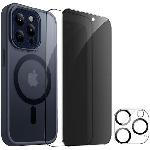 4 in 1 Magnetic Case for iPhone 15 Pro [Full Camera Protection] with 1HD Tempered, 1Privacy and 1Camera Lens Protector, Fit for MagSafe, [Military Grade Drop Tested] Slim Translucent Matte Back Cover