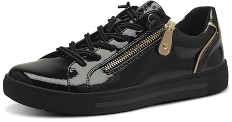 Jana Damen Sneaker flach mit Reißverschluss Vegan, Schwarz (Schwarz Lack/Gold), 41 EU