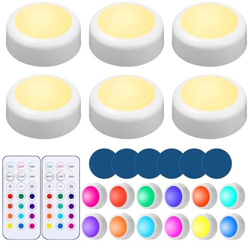 6er-Set LED Lampe mit Fernbedienung, 1000mAh Wiederaufladbar Kabellos Vitrinenbeleuchtung Magnetische Unterbauleuchte Küche LED Rund Schranklicht Regalbeleuchtung Touch Lampe Schrankbeleuchtung