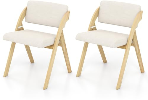 HOMASIS Lot de 2 Chaises Pliantes Salle à Manger, Fauteuil de Salon avec Siège et Dossier Rembourrés, Chaise Cuisine avec Pieds en Bois d'Hévéa pour Salon Chambre Bureau, 56 x 53 x 76 cm (Naturel)