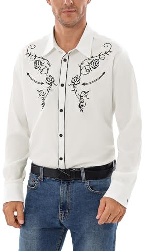 Sykooria Men's Cowboy Shirts Long Sleeve Floral Embroidery Western Shirts Vintage Casual Regular Fit Button Down Shirts, Frost White XL
