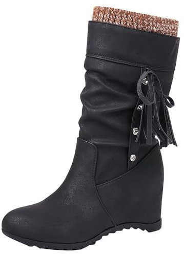 HSyc JRX Donna Zeppa Mezzo Stivali Scarpe con Nascosto Aumento Frange Stivali, Nero , 39.5 EU