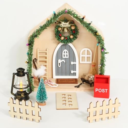 BOFUNX Wichteltür Zubehör Weihnachten Set Holz Wichtel Tür Deko Miniatur Weihnachtswichtel Tür mit Miniatur Weihnachtsbaum Kranz Wichtel Fußabdrücke Leiter Teppich Feentür für Kinder Geschenk