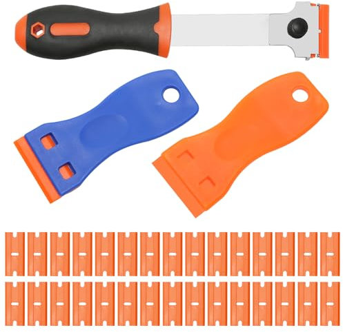 Rimuovi Silicone, 3 Pezzi Raschietto Vetro Con 30 Lame in Plastica Sostituibili, Spatole per Silicone Per Rimuovere Etichette, Vetrofanie, Vernice