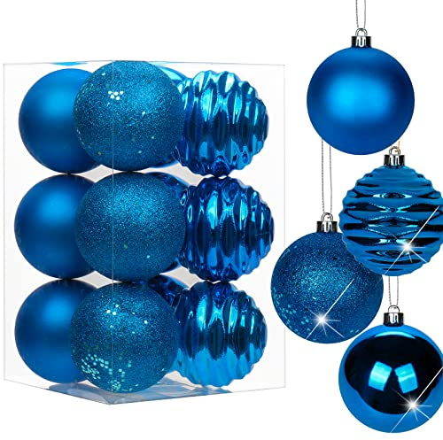 Oairse 8cm/3.15 Blue Christmas Baubles 12 pcs Shatterproof Tree Ornaments with Hanging Strings, Large Christmas Tree Decorations Set for Wedding Holiday Party Wreath Xmas Halloween Home Decor