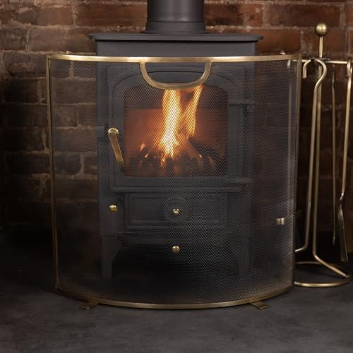 CHARLES BENTLEY Antique Gold Coloured Mesh Fire Screen, Freestanding, No Pattern, Golden Frame, Fire Guard, Heavy Duty, Metal, Barrier For Child, Pet, Spark Protection, Single Panel (60x60x15cm)