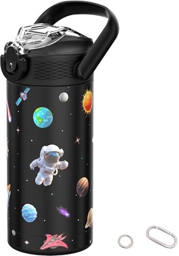 MYFOREST 400 ml Bouteille d'eau isotherme pour enfant, acier chirurgical, motif original haute résolution, compatible lave-vaisselle, badge nominatif, mousquetons (Noir, Espace)