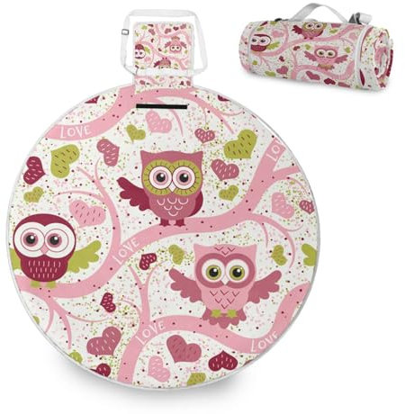 Mnsruu Große Picknickdecke, Eule, Tierdruck, Herz, wasserdicht, rund, Picknickmatte, tragbarer Teppich, Outdoor, für Strand, Camping, Park, Reisen, 148 cm