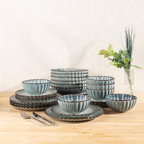 GBHOME Dinner Set for 6, 24 Piece Stoneware Set - Handcrafted Embossed Plates & Bowls, Reactive Glaze, Dishwasher and Microwave Safe Crockery Set