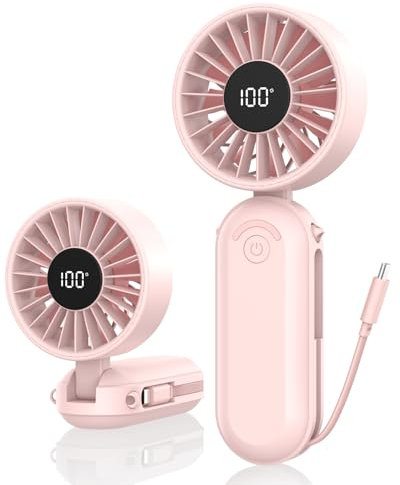 Amacool Foldable Handheld Fan Rechargeable, Built-in Type-C Cable, 5-Speed Personal Fan, Max 17H Runtime, Wearable Neck Fans for Travel Outdoor Cruise Makeup, Gift for Women Stylish Girl (Pink)