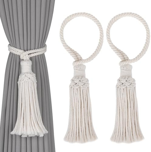 OCIOLI 2 Pack Boho Decorative Curtain Tiebacks Hand-Woven Cotton No Drill Curtain Holdbacks with Tassel, Curtain Rope & Tassel Tie Backs for Drapes Natural Style (2, Beige)